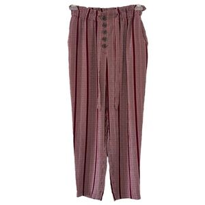 June & Hudson Red‎ Striped Button Tapered Leg Palazzo Pants Belted Paper Bag